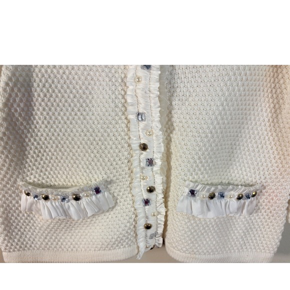 Ruby Rd Petite White Embellished Cardigan Ruffle Trim Pearl Crystal PM Sweater - Picture 5 of 7